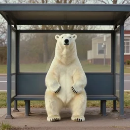 a polar bear at a bus stop, cinematic, in the style of wes anderson, whimsical
