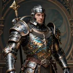 hyper realistic photography portrait of warhammer machine android medieval crusader in fish - scale chain armor cinematic, brom, mucha, moebius juan gimenez artstation, cgsociety
