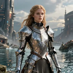 detailed ultrarealistic photography front medium shot of templar knight paladin girl, fantasy, waterworld, postapocalyptic, cyberpunk cyborg, leyendecker, norman rockwell, greg rutkowski, artstation cinematic, vray game of thrones, lord of the rings, starwars