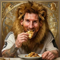 smiling lionel messi eating, d & d, fantasy, intricate, elegant, highly detailed, digital painting, artstation, concept art, matte, sharp focus, illustration, art by artgerm and greg rutkowski and alphonse mucha