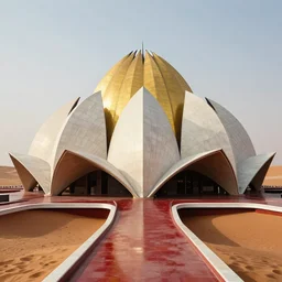 futuristic gold, red and white marble lotus temple in the desert, by buckminster fuller and syd mead, intricate contemporary architecture, photo journalism, photography, cinematic, national geographic photoshoot
