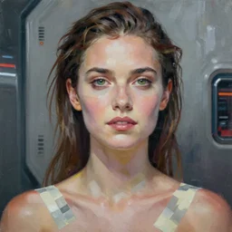 milla jovovich wearing tape, far future, sharp focus, highly detailed, trending on artstation, intricate, painting by rutkowski