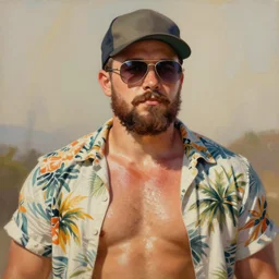 painting of a stocky young man with toned muscles wearing aviator glasses and a baseball hat, with dense brown stubble and a moustache, wearing a Hawaiian shirt, by Jeremy Mann, stylized, detailed, realistic, warm tones, summer vibes, glistening skin, loose brush strokes