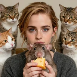 selfie, emma watson as anthropomorphic furry - rat, she is rat, cats around, eating cheese, highly detailed, intricate details