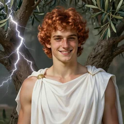 portrait of teenage zeus, greek, short curly copper hair, smiling mischievously, wearing a white sash, olive tree, intricate, elegant, lightning bolt, glowing lights, highly detailed, digital painting, artstation, concept art, smooth, sharp focus, illustration, art by wlop, mucha, artgerm, and greg rutkowski