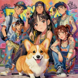 beautiful anime painting of a hiphop summertime chill with corgi, by sherree valentine daines, peter mohrbacher, alice neel, donato giancola, mike winkelmann, laurie greasley. trending on artstation, 8 k, masterpiece, graffiti, fine detail, full of color, intricate detail, golden ratio illustration, face detail