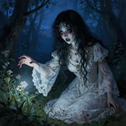 a pretty but sinister and creepy monster in layers of fear, with haunted eyes, one hand reaching out to the light, lace dress, 1 9 7 0 s, seventies, delicate embellishments, a little blood, woodland, blue dawn light shining on wildflowers, painterly, offset printing technique, by alexandre cabanel