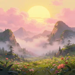 aesthetic mountains, pink and yellow clouds backlit by the yellow sun, volumetric fog, ghibli landscape illustration close floral clearing and mountains in the background, deep focus, d & d, fantasy, intricate, elegant, highly detailed, digital painting, artstation, concept art, matte, sharp focus, illustration, hearthstone, art by fire watch game and greg rutkowski, no characters