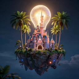 the disney castle surrounded by giant palm trees on a giant floating island in the sky at night, a huge light bulb illuminates the island from above, cinematic, digital art by erik johansson, 8 k resolution, hyper detailed, sharp focus, unreal engine 5