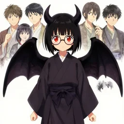 4k concept art of a cute japanese girl wearing round glasses and a long robe, with demon wings and short black hair and big red eyes, drawn by akihiko yoshida and tsutomu nihei and makoto shinkai and wadim kashin and john berkey and yoji shinkawa
