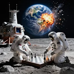 astronauts playing chess on the moon next to their lunar base. in the background earth explodes in sparkling pieces, high detail, stylized, movie poster, award winning, iconic, trending on artstation