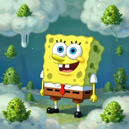 spongebob squarepants under weed clouds, digital art, amazing detail, by Lulu Chen
