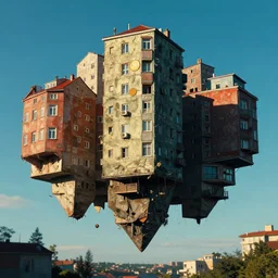 surreal city, floating houses in the sky, summer morning, very coherent and colorful high contrast, art by!!!! gediminas pranckevicius!!!!, geof darrow, dark shadows, hard lighting