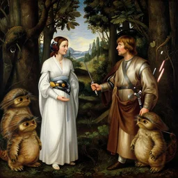 luke skywalker, princess leia and han solo meet the ewoks in the forest of endor, in return of the jedi, a masterful painting by sandro botticelli, 4 k