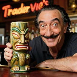 a closeup photorealistic photograph of smiling salvador dali at trader vic's bar sitting next to a trader vic's style tiki mug featuring the face of salvador dali. tiki culture. bright scene. 4 k hd image that's trending on artstation, featured on behance, well rendered, extra crisp, features epic composition and the style of unreal engine.