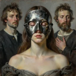 The lond shot portrait of beautiful woman with closed eyes in steel full-face occult mask by Ilya Repin, William Blake, Michelangelo da Caravaggio and Beksinski, medium shot, grisaille, highly detailed oil painting, 4k, masterpiece