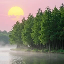 tall lush evergreen trees beside a beautiful lake, pink clouds backlit by yellow sun, nostalgic, calming, aesthetic, volumetric fog, godrays, high contrast, high contrast, high contrast, vibrant colors, vivid colors, high saturation, by greg rutkowski and jesper ejsing and raymond swanland and alena aenami, featured on artstation, wide angle, vertical orientation