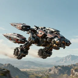 a film still from 0. 5 mortal engines and 0. 5 star wars by ian mcque, a hovercraft speeds away from a monstrous mechanical hunting vehicle, mountainous landscape, vibrant, 5 0 mm lens, film game character and environment design, behance hd, studio, dramatic lighting, dusty, cinematic, global illumination, trending on artstation, bloom