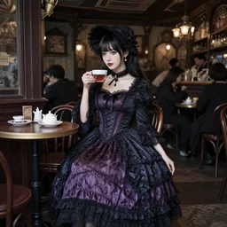 full body portrait photo of reol wearing a elegant gothic dress, open top, wearing a chocker and cute hat, drinking tea in a busy victorian cafe interior, moody, intricate and detailed, dark, lomography