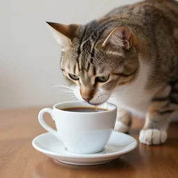 photograph of a cat drinking a cup of coffee
