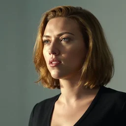 a medium - shot of scarlett johansson looking into the distance, beautiful light failling on her face, chin - length bob with bangs hairstyle, in the style of the ghost in the shell, by annie leibowitz