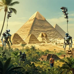 cyberpunk angkor wat pyramids of giza, in the forest, huge construction robots, by paul lehr and jesper ejsing