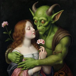 a green-horned goblin monster embracing a woman with flowers, by Jan van Eyck