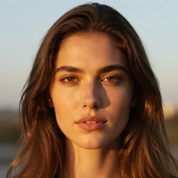face close up portrait photography of a beautiful woman with long hair by jean james and marco mazzoni. color photography. detailed. golden hour. canon eos r 3, f / 1. 4, iso 2 0 0, 1 / 1 6 0 s, 8 k, raw, unedited, symmetrical balance, in - frame.