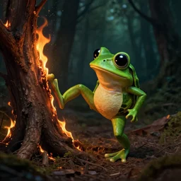 pepe the frog with black eyes kicking a burning tree in a forest, dark colors, shadow rich, high detail