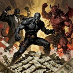 Doom slayer on pile of money fighting corporate greed demons, splash screen art, vivid, digital painting