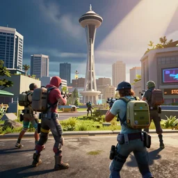 a screenshot from a game fortnite, with the characters in downtown seattle