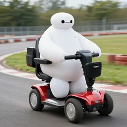 Baymax riding a mobility scooter, race track background, photo