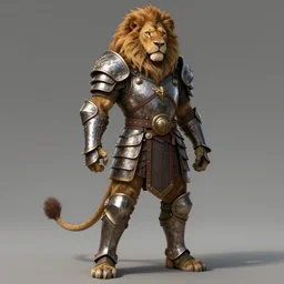 Humanoid lion warrior standing on two legs in medieval armor, realistic, detailed, digital art, trending on artstation