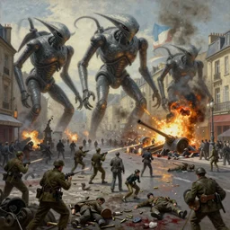 giant alien robots terrorise streets of ww ii paris and attack french soldiers and civilians, detailed painting, intense heavy street battle, bullet hell, pile of bodies, artillery bombings, blood on the streets, art by greg rutkowski and jakub rozalski