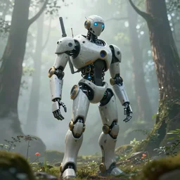 Steampunk transcendental Robot in a forest with realistic fog, bloom, raytracing, trending on Unreal Engine 5, stunning, award winning photo