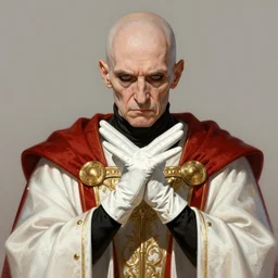 a bald pale sorcerer in his late nineties. stately and dour in his expression. eyeliner accentuates his sunken eyes. a high black turtleneck. opulent white golden red robe. white leather gloves with gold decoration, sharp focus, a downcast shaddow, his gloved hands crossed in front of his face with a sour expression, illustration, digital painting, art by magali villeneuve