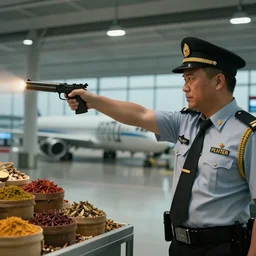 airport authorities pointing weapon at spices, satire, dramatic, hyperdetailed, cinematic lighting