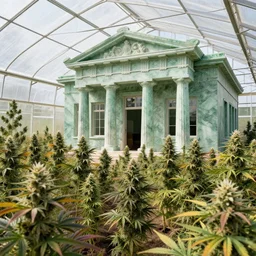 weed greenhouse with hundreds of goats in the yard, goat farm, rococo style, greek architecture, green marble building, marijuana trees, multicolored weed leaves, dynamic lighting, landscape, artwork by jeremy lipkin and giuseppe dangelico pino and michael garmash and rob rey and greg manchess and huang guangjian and makoto shinkai, pixiv, 1 0 0 mm