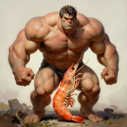 hulking herculean bodybuilder muscular musclebound shrimp, painting by frank frazetta