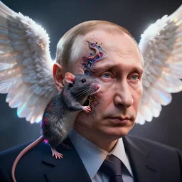 putin head mixed with rat body, art by alessio albi 8 k ultra realistic, angel wings, lens flare, atmosphere, glow, detailed, intricate, full of colour, led lighting, trending on artstation, 4 k, hyperrealistic, focused, extreme details, unreal engine 5, masterpiece