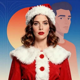 sherilyn fenn 2 6 years old in santa outfit, retro futurism, half portrait by stanley artgerm, dramatic lighting, ilya kuvshinov, trending on artstation, flat colour, geometric curves, gradient filter, pleasing tone colours, art deco patterns