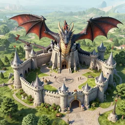 close overhead view of a medieval fantasy theme park with knights and dragons,