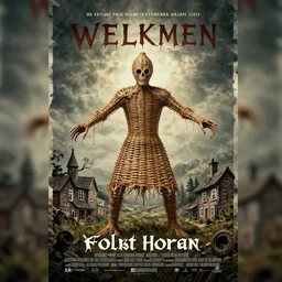 a folk horror town propaganda poster wicker man