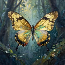 butterfly in the ice rainforest. gouache and gold leaf work by the award - winning mangaka, bloom, chiaroscuro, backlighting, depth of field.