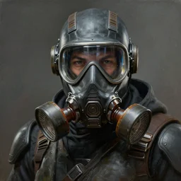 a character design of an interglactic bounty hunter wearing a hightech gasmask, sci - fi, hyper realistic, painting, full of details, unique, movie scene, dramatic, in the style of greg rutkowski,