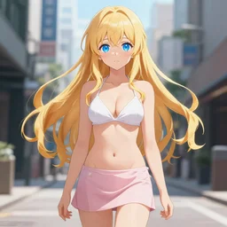 a very beautiful young anime girl, full body, city, long wavy blond hair, sky blue eyes, full round face,, bikini, miniskirt, front view, mid - shot, highly detailed, cinematic wallpaper by stanley artgerm lau