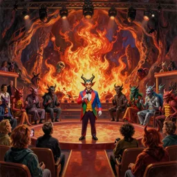 A retro game show hosted by a charming-looking horned Satan in a colorful suit, in front of a live studio audience of demons and strange creatures in the bleachers, in the middle of a cavernous firey landscape of Hell, oil on canvas, painting, 4k, wide shot