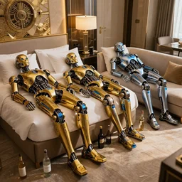 3 shiny golden and blue metallic futuristic steampunk humanoid robots sleeping on bed and sofa out in a luxury hotel room with empty bottles all over the floor, pressphoto, dawn light, insanely detailed, 3 5 mm lens, wide shot