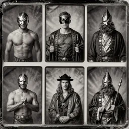 tintype photographs of superheroes, masked wrestlers, monster hunters, technowizards