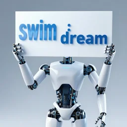 artificial intelligence robot holding a sign with text that swim : dream